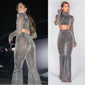 House of CB Set Tamara Crop Top Alexandra Flare Pants Silver Lurex Matching Set
